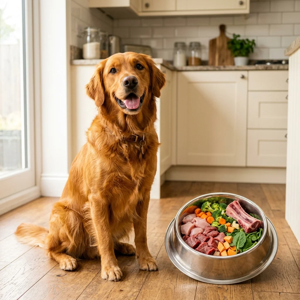 Perro saludable con bowl de comida natural BARF