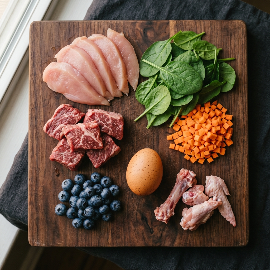Ingredientes naturales frescos de la dieta BARF: carne cruda, verduras, huesos y huevo
